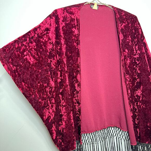 Vintage Y2K Wet Seal Burgundy Crushed Velvet Fringe Open Jacket Boho Chic Party - Picture 6 of 10